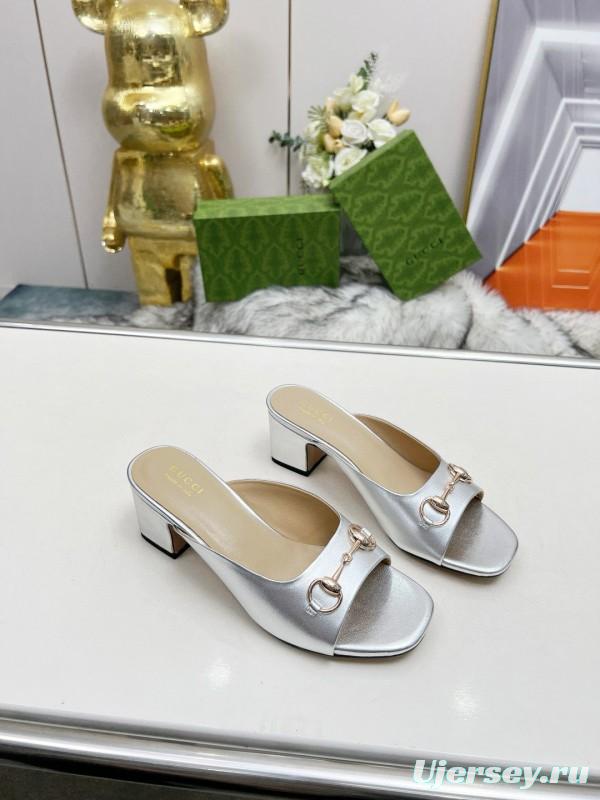 2025 Women Gucci Silver Leather Mules Horsebit MJ00180