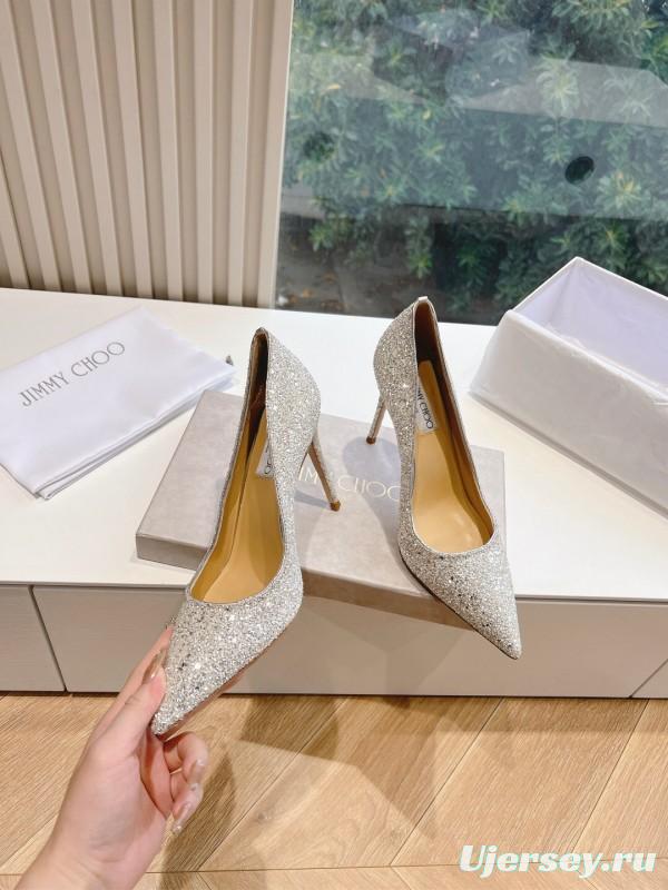 2025 Women Jimmy Choo Silver Glitter Leather Pointed Toe Pumps KFY00280