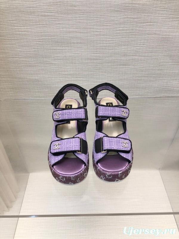 2025 Slippers Chanel Purple Fabric Wedge Sandals