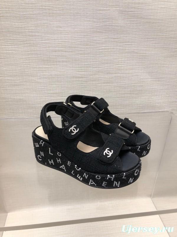 2025 Women Chanel Black Fabric Platform Sandals LY00330