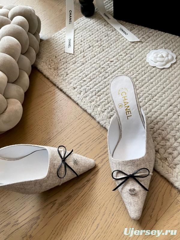 2025 Women Chanel Beige Fabric Pointed Toe Mules KFY00290
