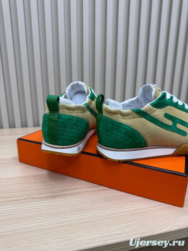 2025 Unisex Hermès Green Beige Suede Down Fabric Sneakers Top Version LY00310