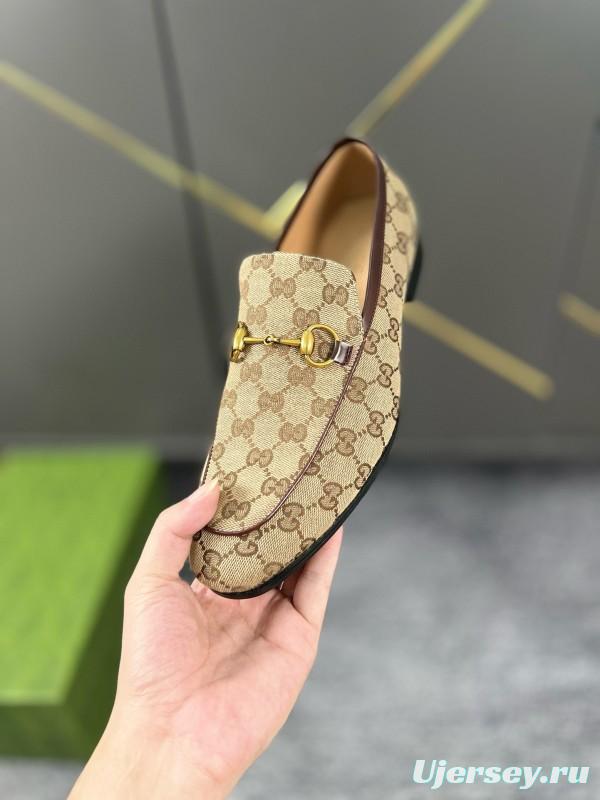 2024 Men Gucci Beige Brown Canvas Leather Loafer