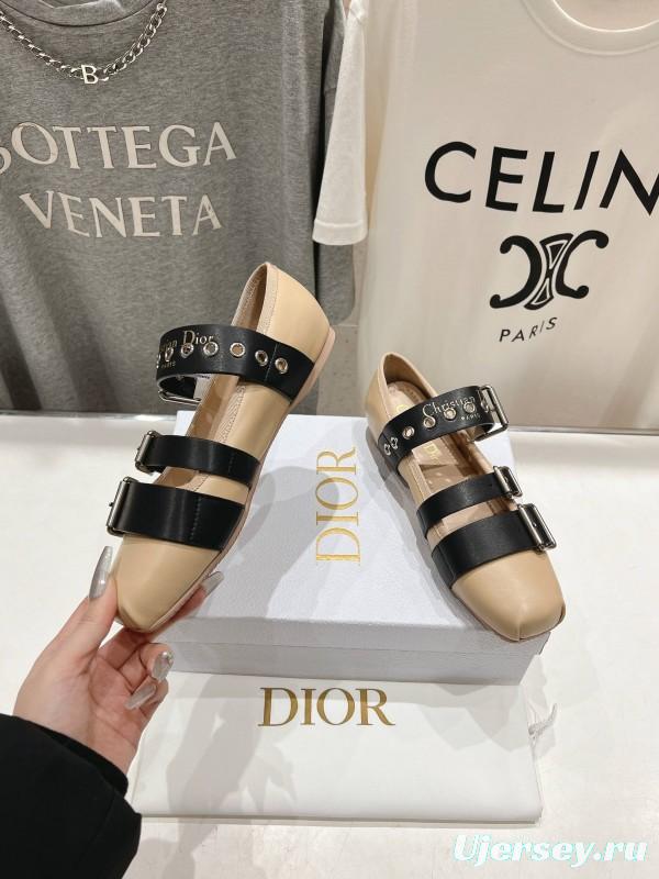 2025 Women Dior Beige Black Leather Mary Jane Buckle KFY00300