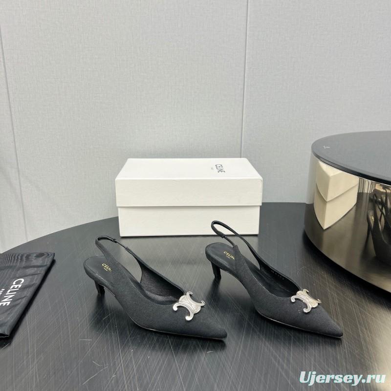 2025 Women Celine Black Fabric Leather Slingback Kitten Heels KFY00290