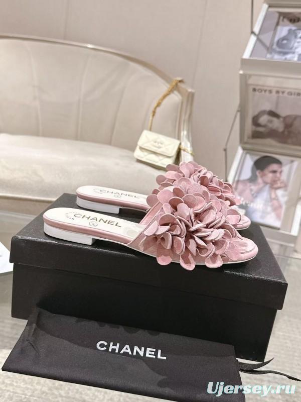 2025 Women Chanel Pink Suede Slippers Floral B2032-2