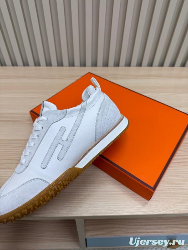 2025 Unisex Hermès White Suede Down Fabric Sneakers Top Version LY00310