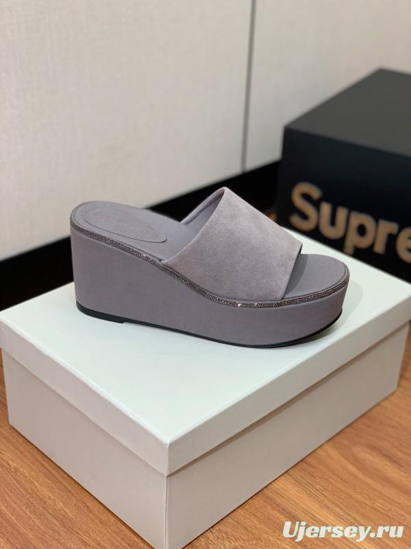 2025 Women BRUNELLO CUCINELLI Grey Suede Platform Slide Sandals Elegant Craftsmanship LY00360(F)