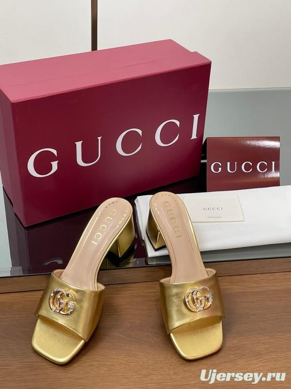 2025 Women Gucci Gold Leather Mules Block Heel