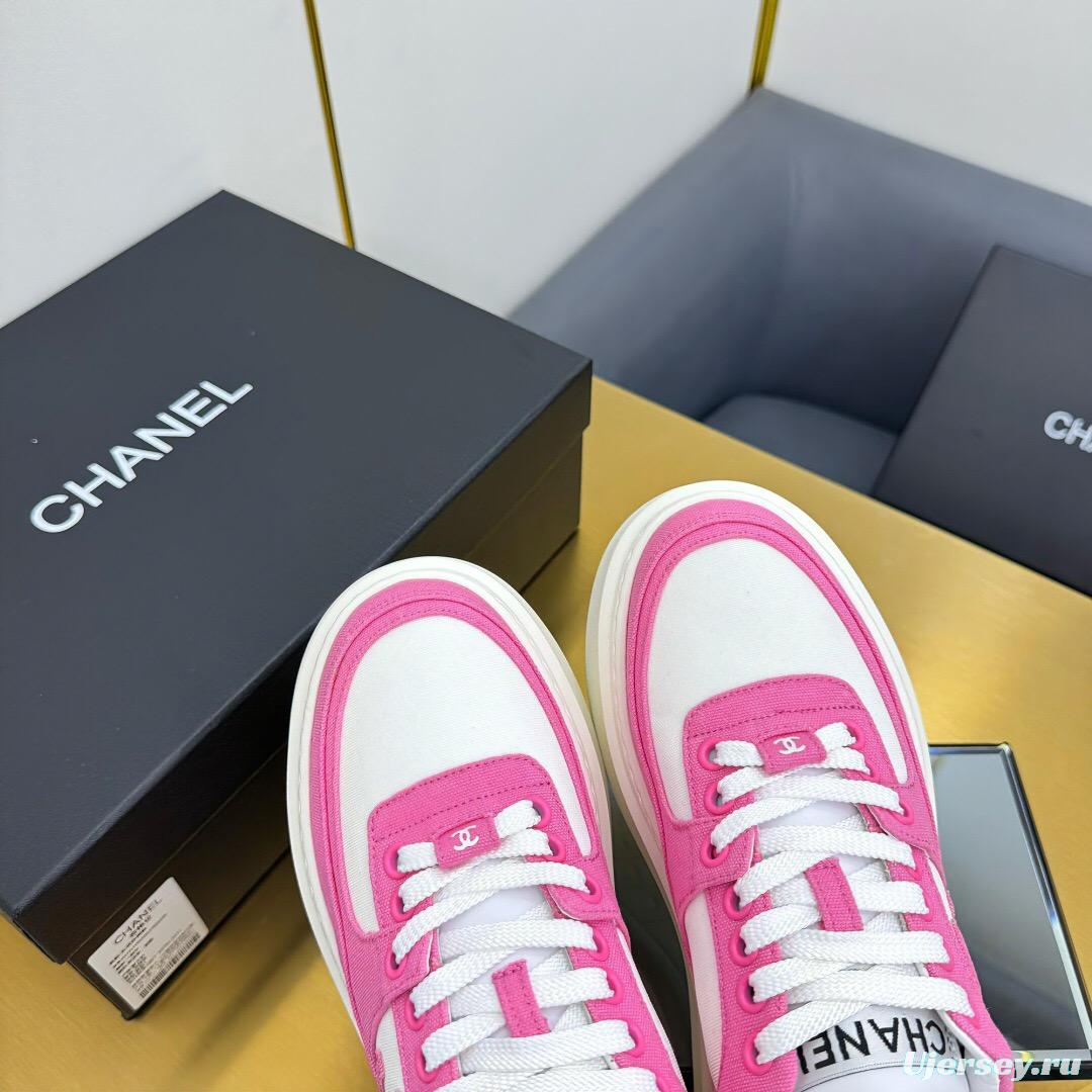 2025 Women Chanel Pink White Leather Canvas Sneakers