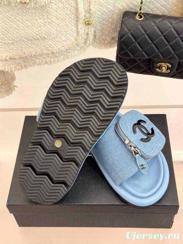 2025 Slippers Chanel Light Blue Denim Slippers KFY00220