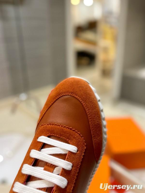2024 Unisex Hermès Brown Red Imported Sheepskin Suede Silk Leather Casual Sneakers MJ00320