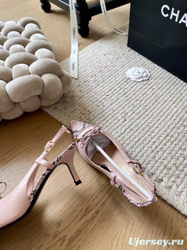 2025 Women Chanel Pink Python Leather Bow High Heels KFY00320
