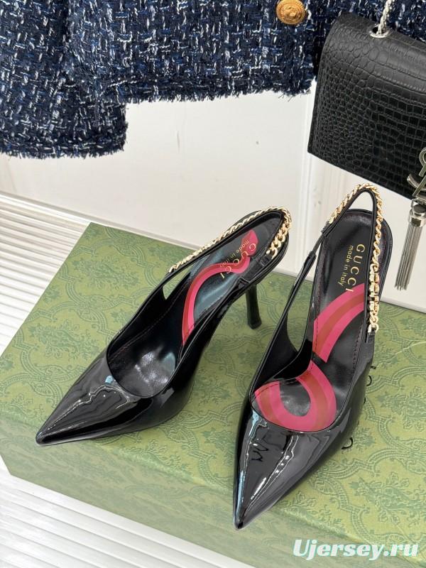 2025 Women Gucci Black Patent Leather Slingback High Heel Chain Detail