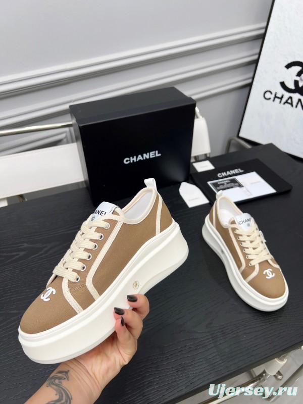 2025 Women Chanel Beige Canvas Leather Sneakers Collaboration LY00250