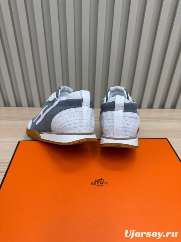 2025 Unisex Hermès White Grey Suede Down Fabric Sneakers Top Version LY00310