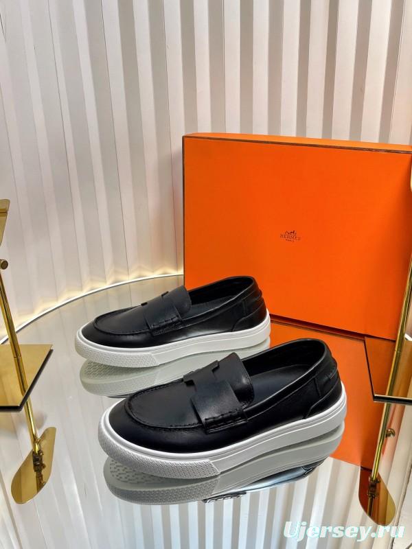 2025 Unisex Hermès Black Leather Fabric Loafers Slip-On LY00310(F)/LY00320(M)