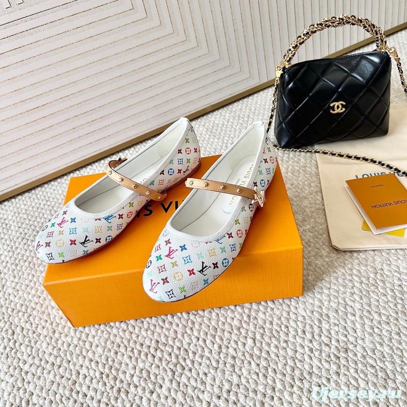 2025 Women Louis Vuitton White Multicolor Leather Ballet Flat