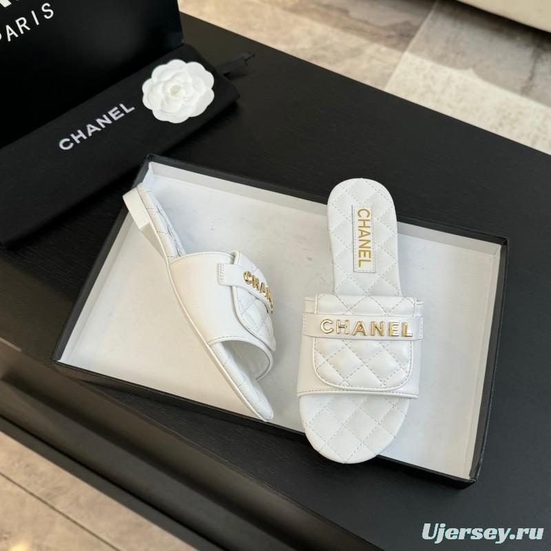 2025 Women Chanel White Leather Slippers
