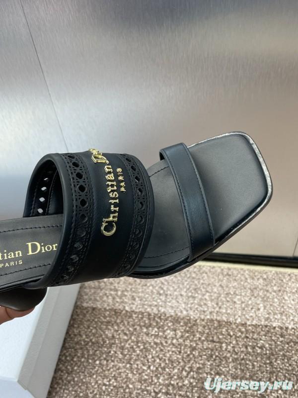 2024 Women Dior Black Leather Slide Sandals