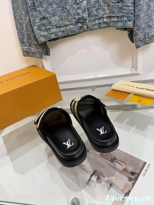 2025 Slippers Louis Vuitton Black Beige Canvas Slippers LYT001