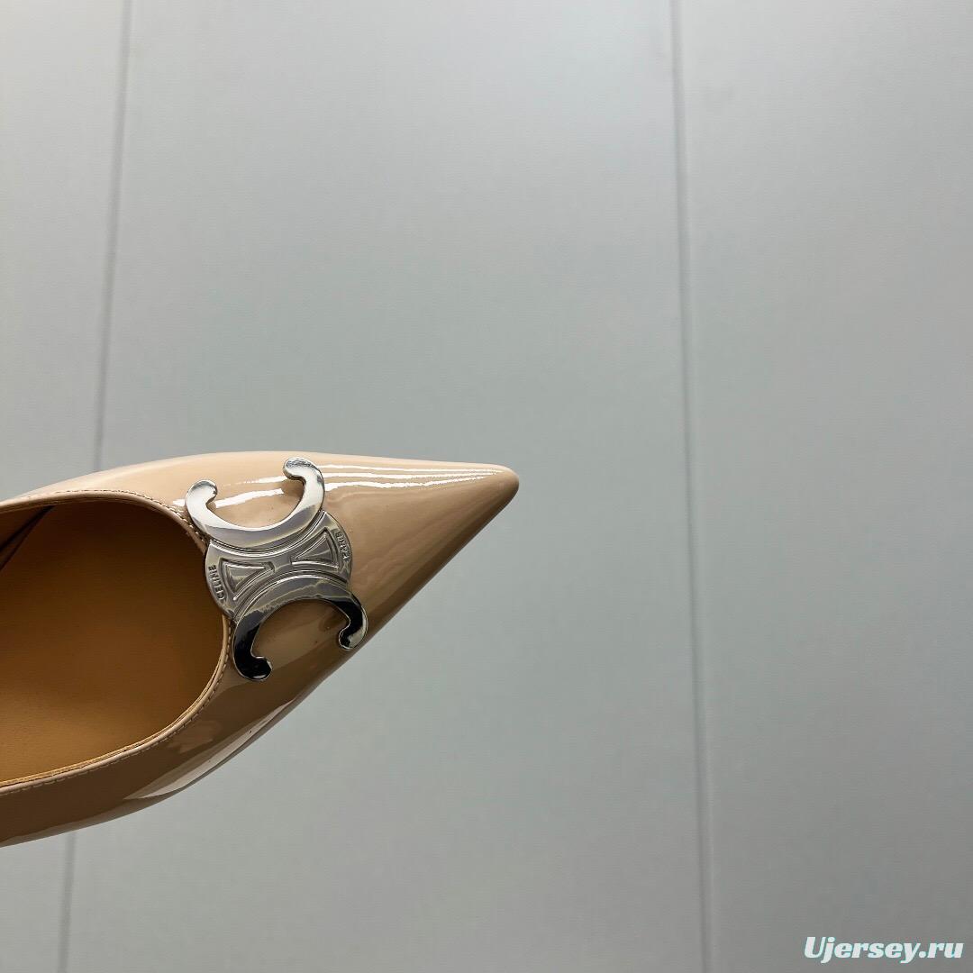 2025 Women Celine Beige Leather Slingback Shoes Metal Buckle