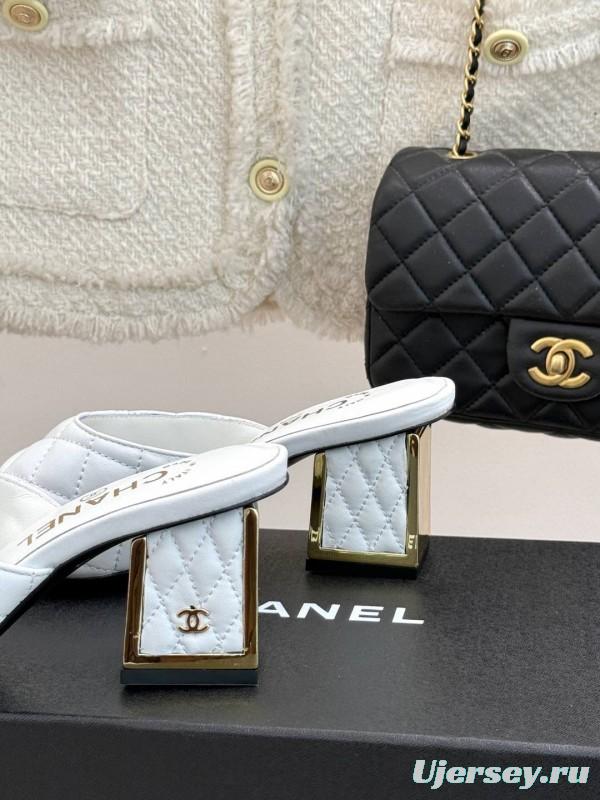 2025 Women Chanel White Lambskin Quilted Heeled Slippers