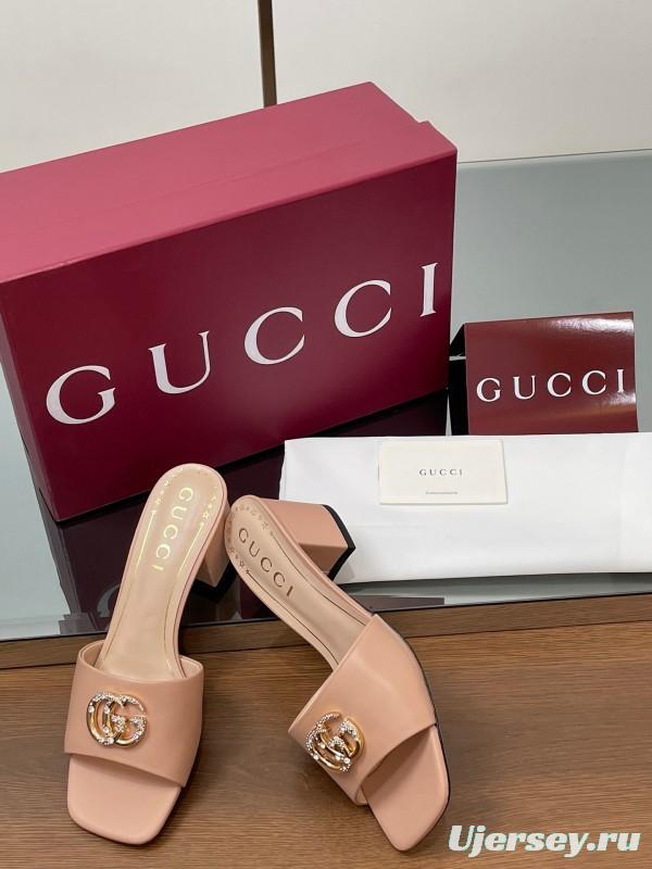 2025 Women Gucci Pink Leather Slippers GG Crystal Buckle LY00280