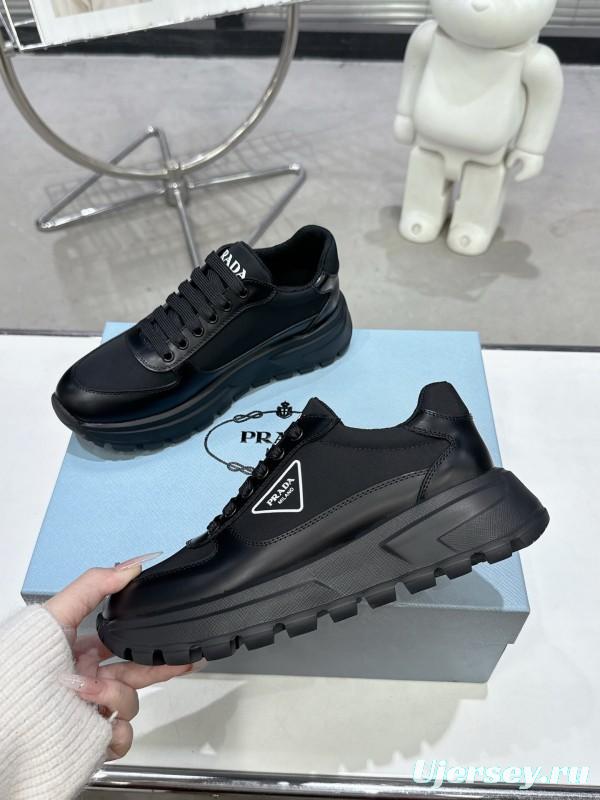 2025 Unisex Prada Black Leather Sneakers KFY00310
