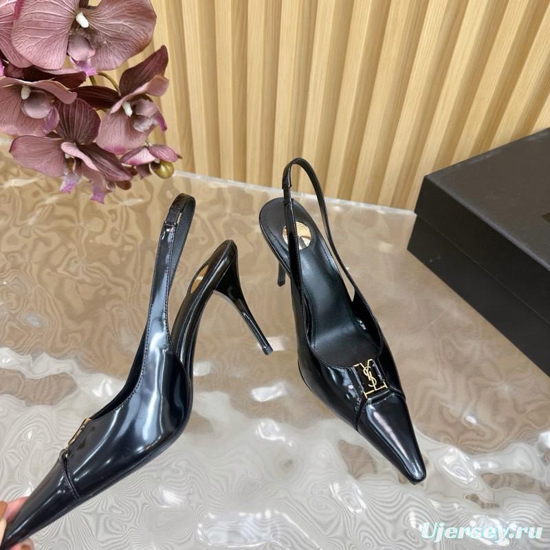 2025 Women Yves Saint Laurent Black Patent Leather Slingback Heels