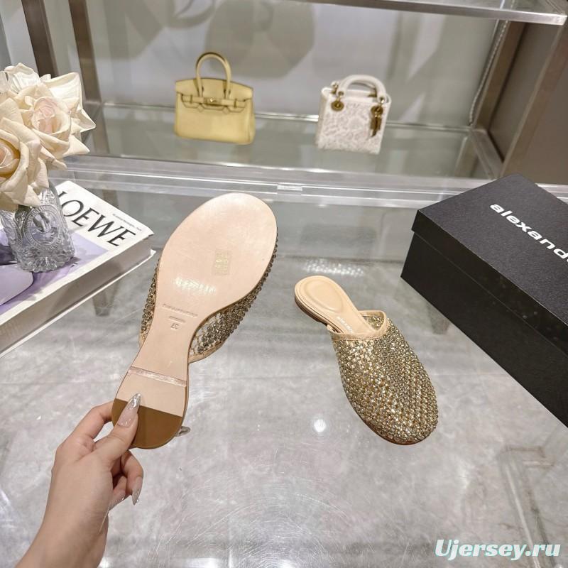 2025 Slippers Alexander Wang Beige Crystal Beaded Leather Slippers LY00310