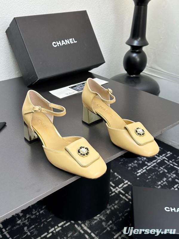 2025 Women CHANEL Beige Lambskin Mid Heel Ankle Strap Square Toe Pumps