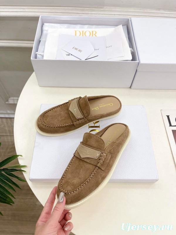 2025 Women Dior Brown Suede Mule Loafers Casual Handmade Slip-on LY00360(F)