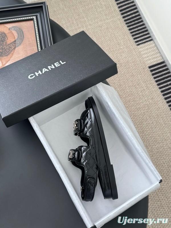 2025 Women Chanel Black Patent Leather Sandals LY00320