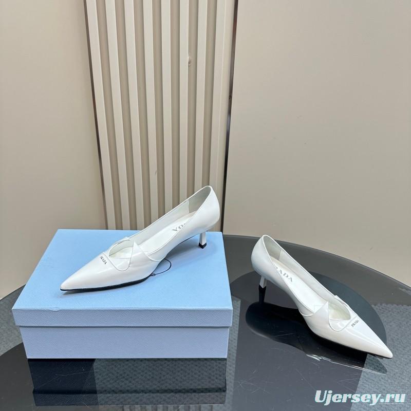 2025 Women Prada White Leather Pointed Toe Kitten Heel Pumps KFY00310
