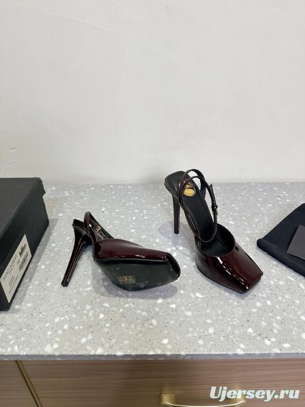 2025 Women Yves Saint Laurent Burgundy Patent Leather Slingback Stiletto Heel