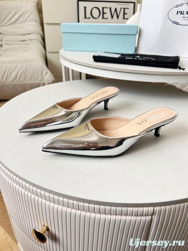 2025 Women Prada Silver Patent Leather Mules