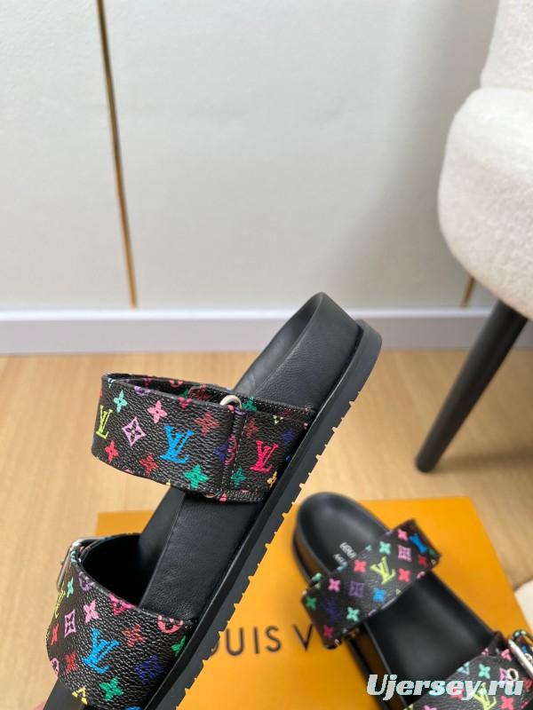 2025 Women Louis Vuitton Black Rainbow Canvas Slippers KFY00280