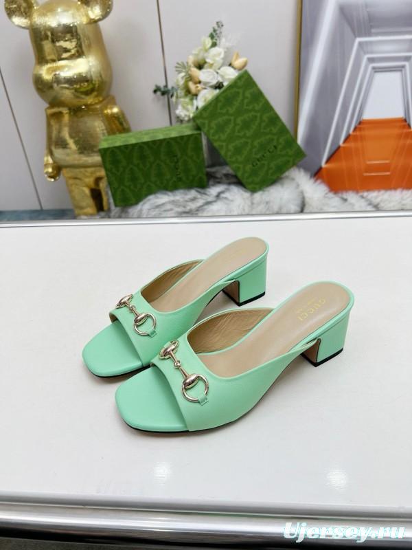 2025 Women Gucci Green Leather Heeled Slippers MJ00180