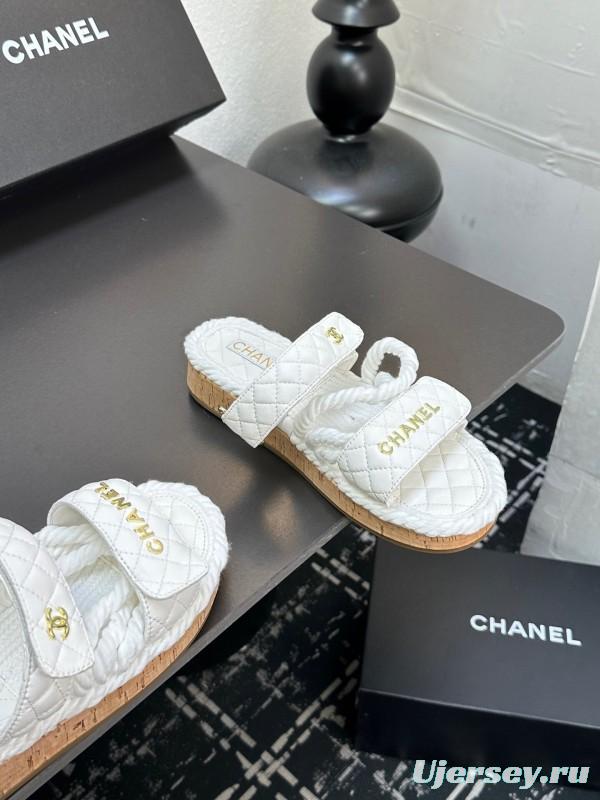 2025 Slippers Chanel White Quilted Fabric Cork Sole LY00250