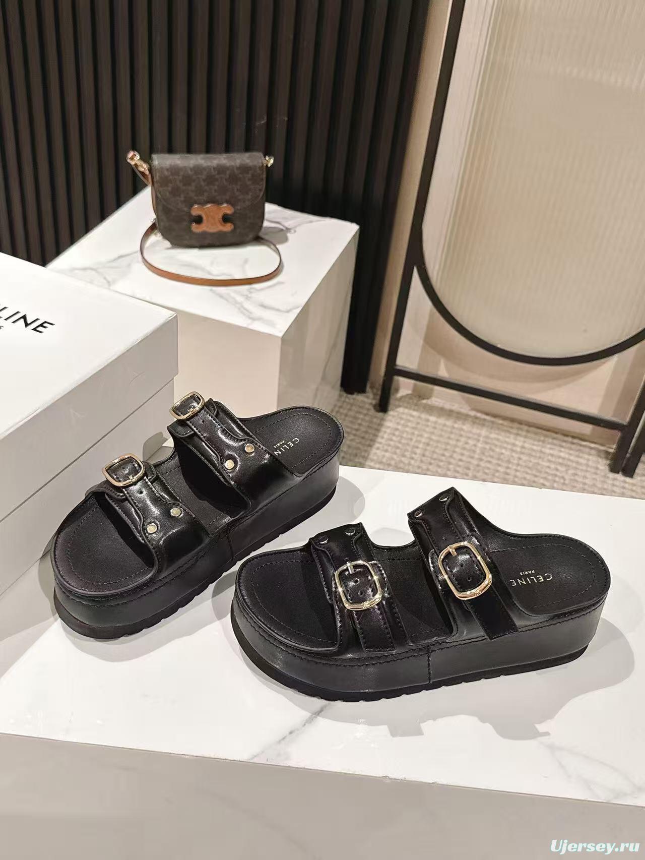 2025 Women Celine Black Leather Platform Slide Sandals LY00300