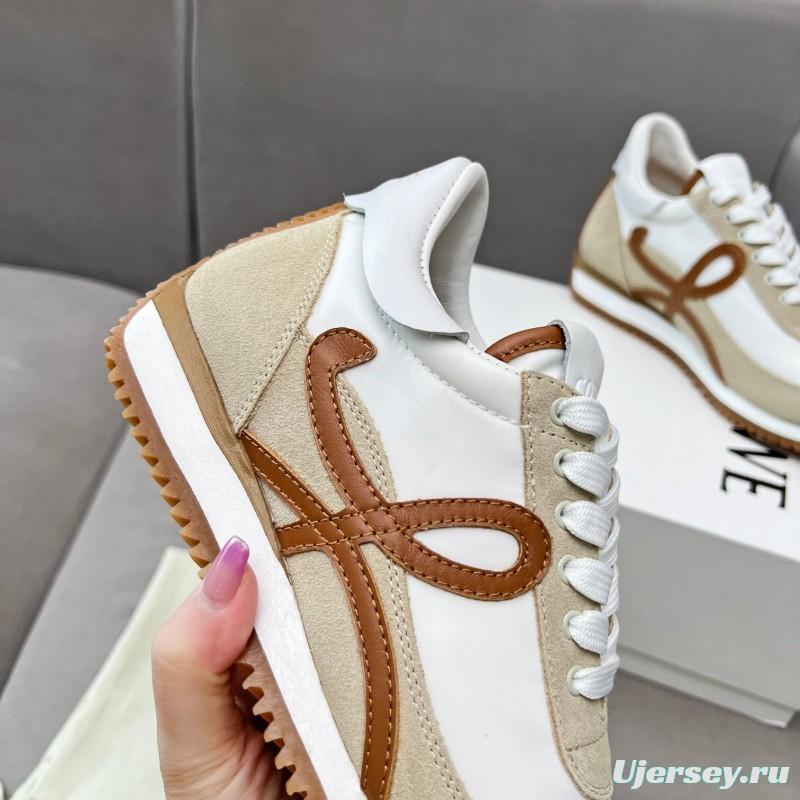 2025 Unisex Loewe White Beige Brown Leather Fabric Sneakers LY00270