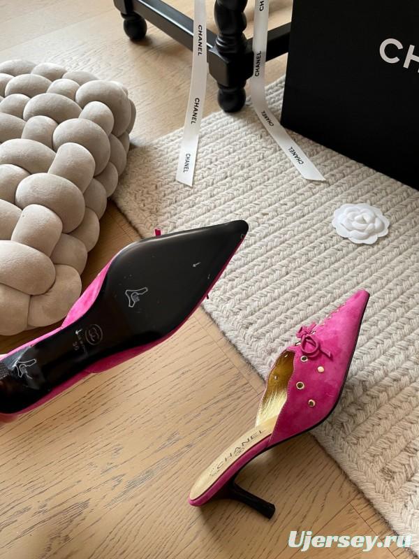 2025 Women Chanel Pink Suede Slip-on Mules KFY00290