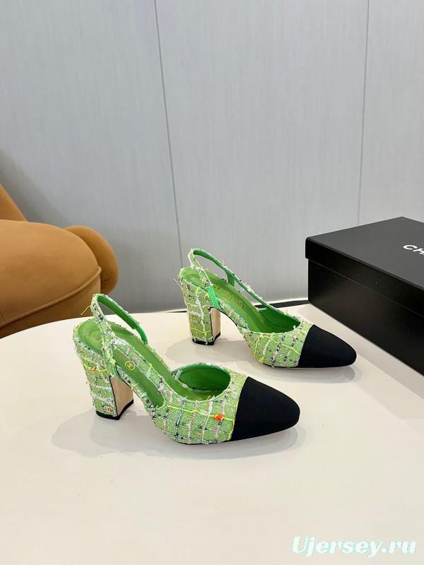 2025 Women Chanel Green Black Tweed Pump Slingback LY00270