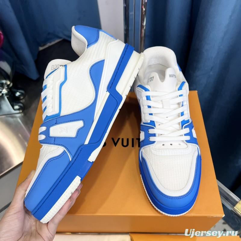 2025 Men Louis Vuitton White Blue Leather Trainer