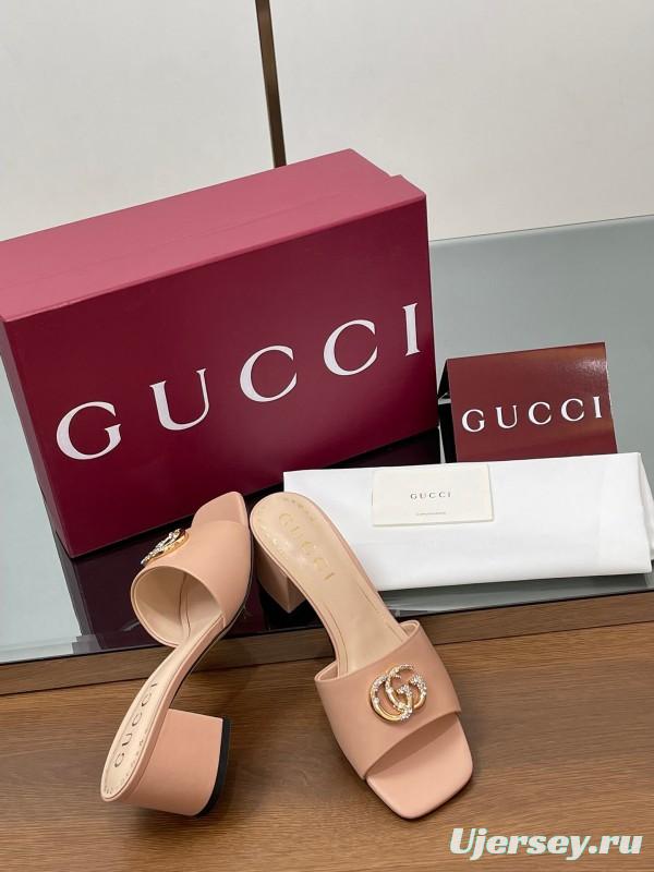2025 Women Gucci Pink Leather Slippers GG Crystal Buckle LY00280