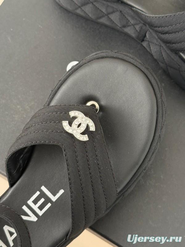 2025 Women Chanel Black Fabric Platform Sandals