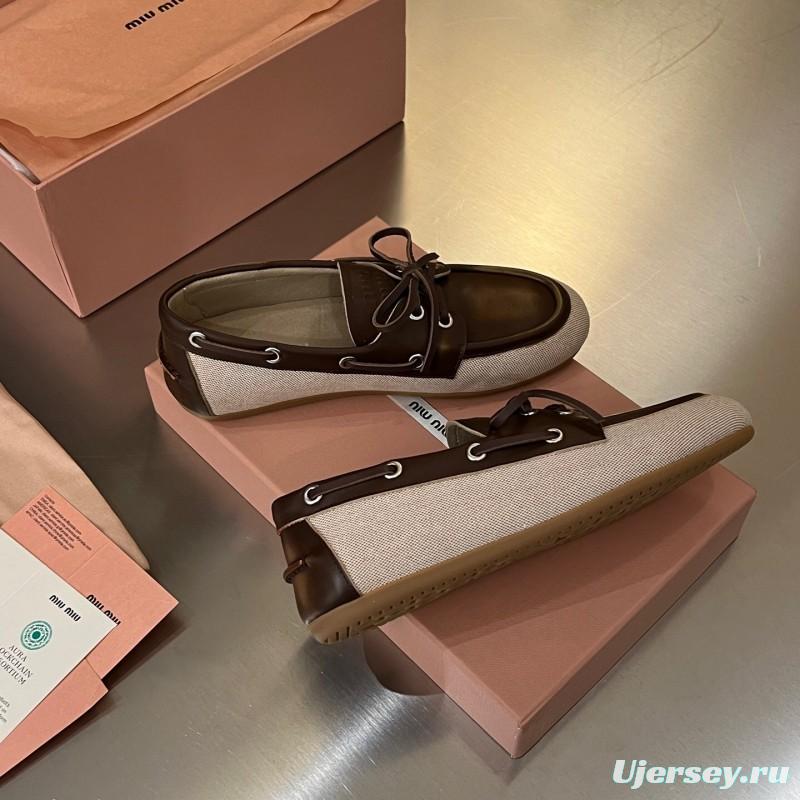 2025 Women Miu Miu Brown Beige Leather Canvas Loafers LY00230