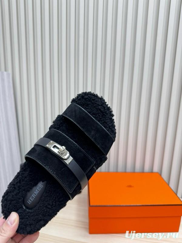 2024 Slippers Hermès Black Sheepskin Slippers MJ00300