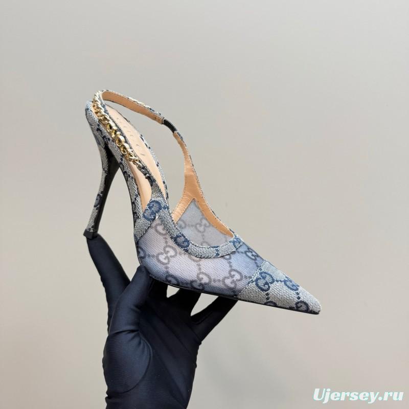 2025 Women Gucci White Mesh Slingback Heels With Crystal Chain Detailing KFY00300(F)